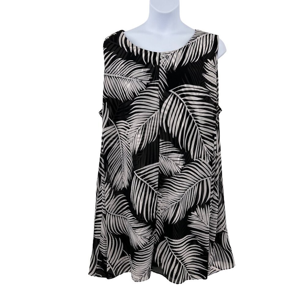 CATHERINES B&W LEAF PRINT DRESS W/ SHEER OVERLAY - 4X 30/32W